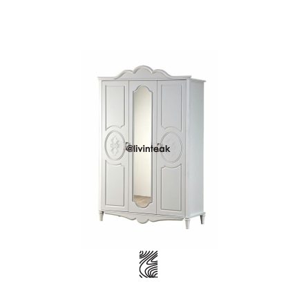 Lemari Pakaian Putih Ukir 3 Pintu Kaca Cermin Minimalis