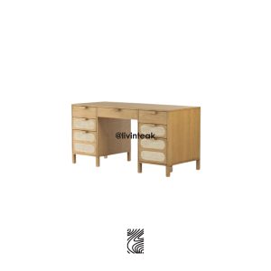 Meja Kerja Jati Rotan Japandi Modern Minimalis